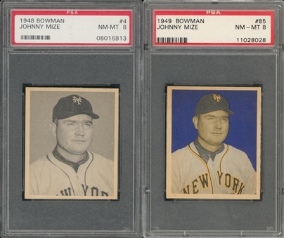 1948-1949 Bowman Johnny Mize PSA NM-MT 8 Pair (2 Different) – Featuring His Rookie Card